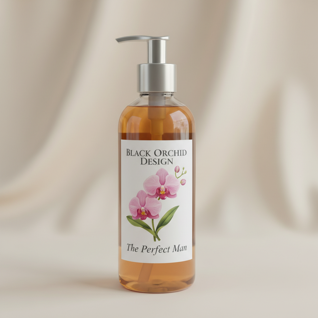 Black Orchid Design liquid body wash - The Perfect Man scent in a clear pump bottle